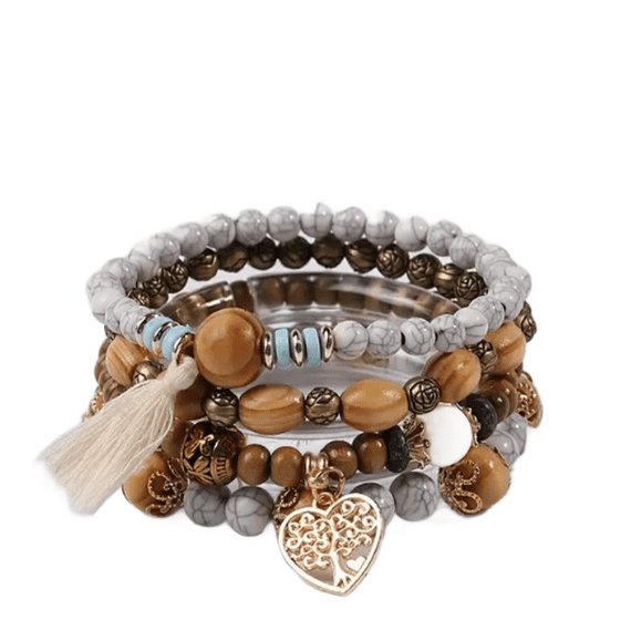 White Beaded Boho Wooden Bracelet 4 piece Set with Tree & Tassel Charms