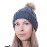 Womens Bobble Hat Blue Knitted Pom Beanie Ski Hat