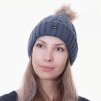 Womens Bobble Hat Blue Knitted Pom Beanie Ski Hat