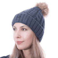 Womens Bobble Hat Blue Knitted Pom Beanie Ski Hat