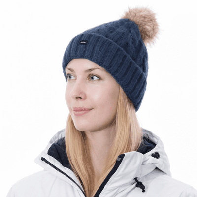 Womens Bobble Hat Blue Knitted Pom Beanie Ski Hat