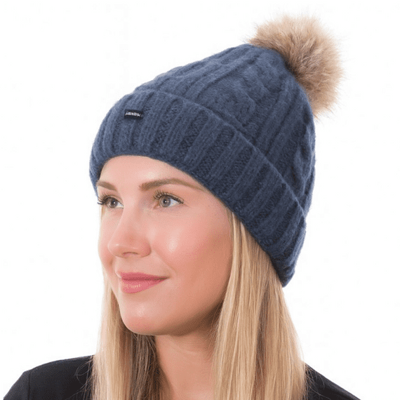 Womens Bobble Hat Blue Knitted Pom Beanie Ski Hat