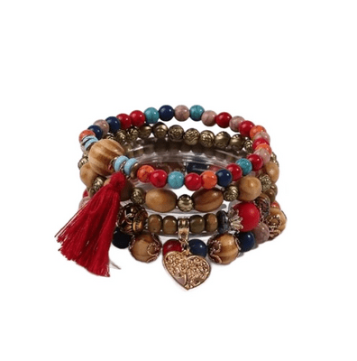 Wooden Red Beaded Bracelet 4 piece Set with Tree & Tassel Charms