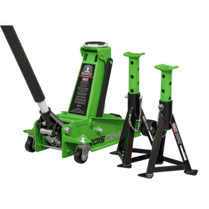 Trolley Jack 3tonne with Super Rocket Lift & Axle Stands (Pair) 3tonne Capacity per Stand-Hi-Vis