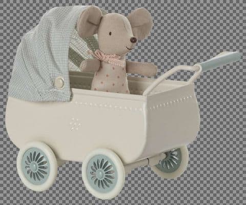 Maileg, Pram with baby mouse - mint