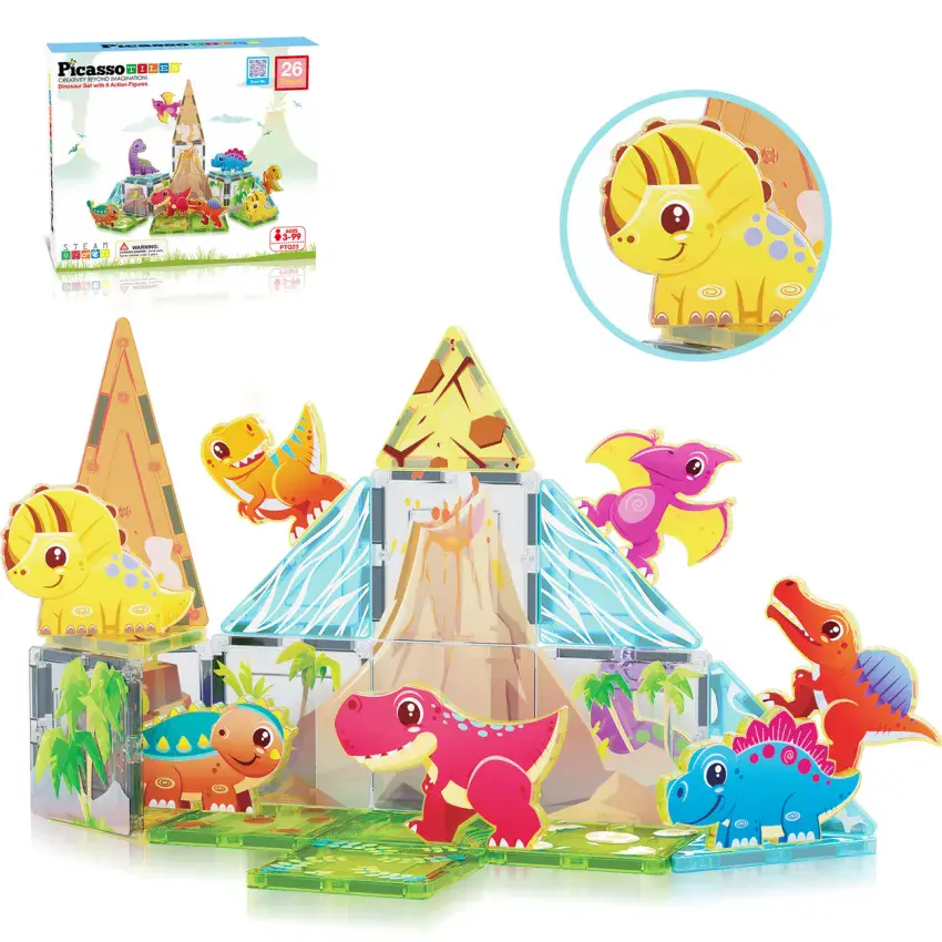 Picasso Tiles, 26pc Magnetic Tile Dino Theme Construction Block Set