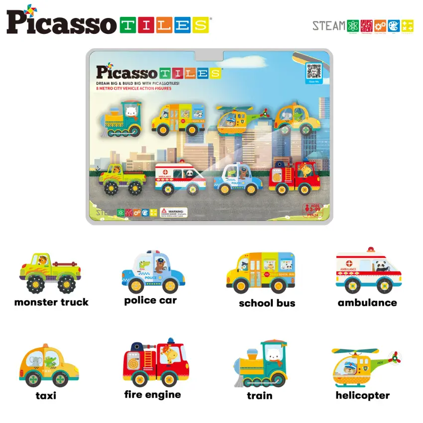 Picasso Tiles 8pc Magnet Building Blocks Metro City Vehicle Action Figures