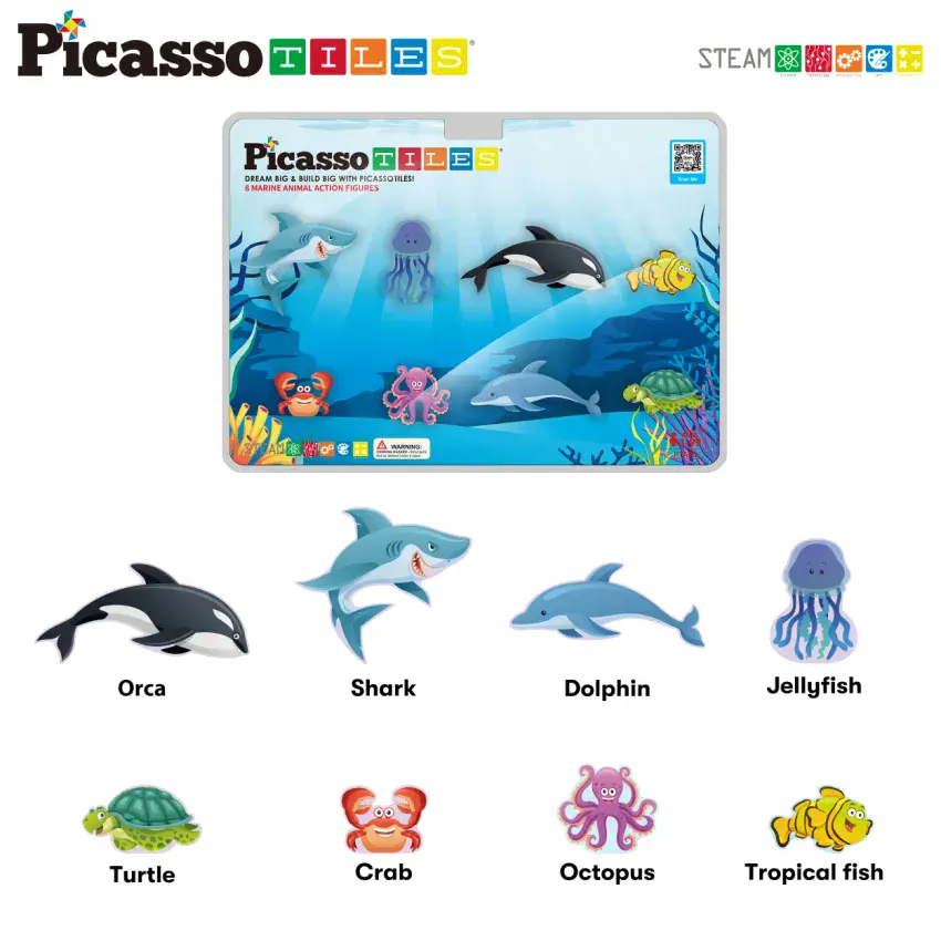 Picasso Tiles, 8pc Magnet Tile Building Blocks Marine Animal Action Figures