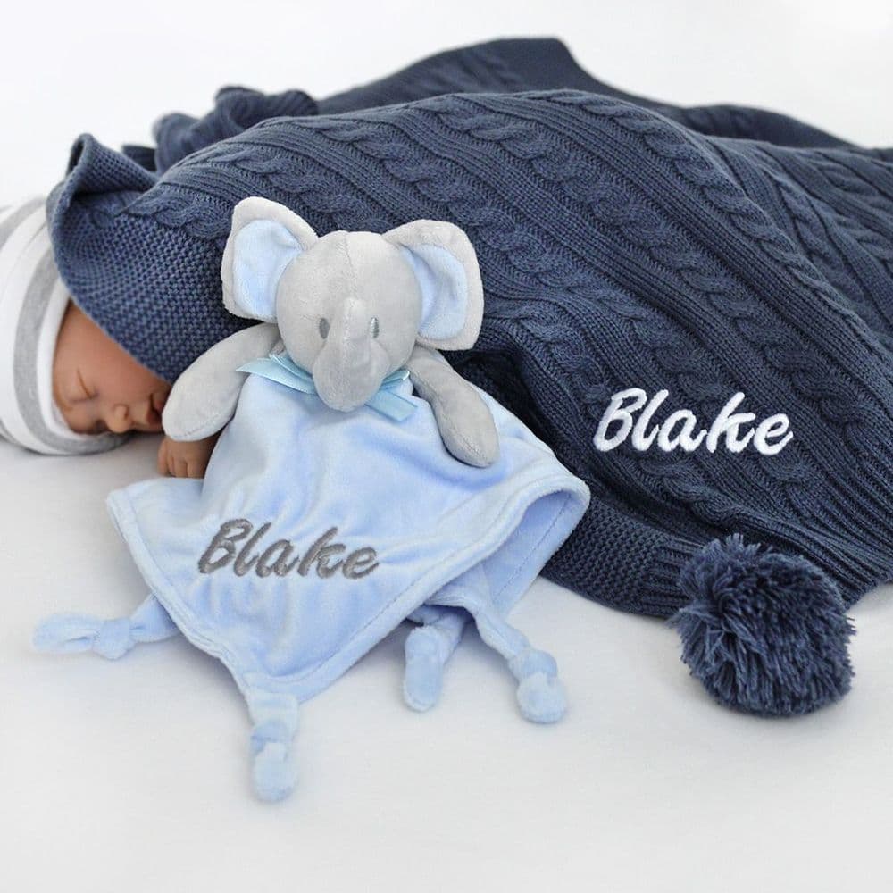 Personalised Elephant Comforter And Cable Blanket Steel