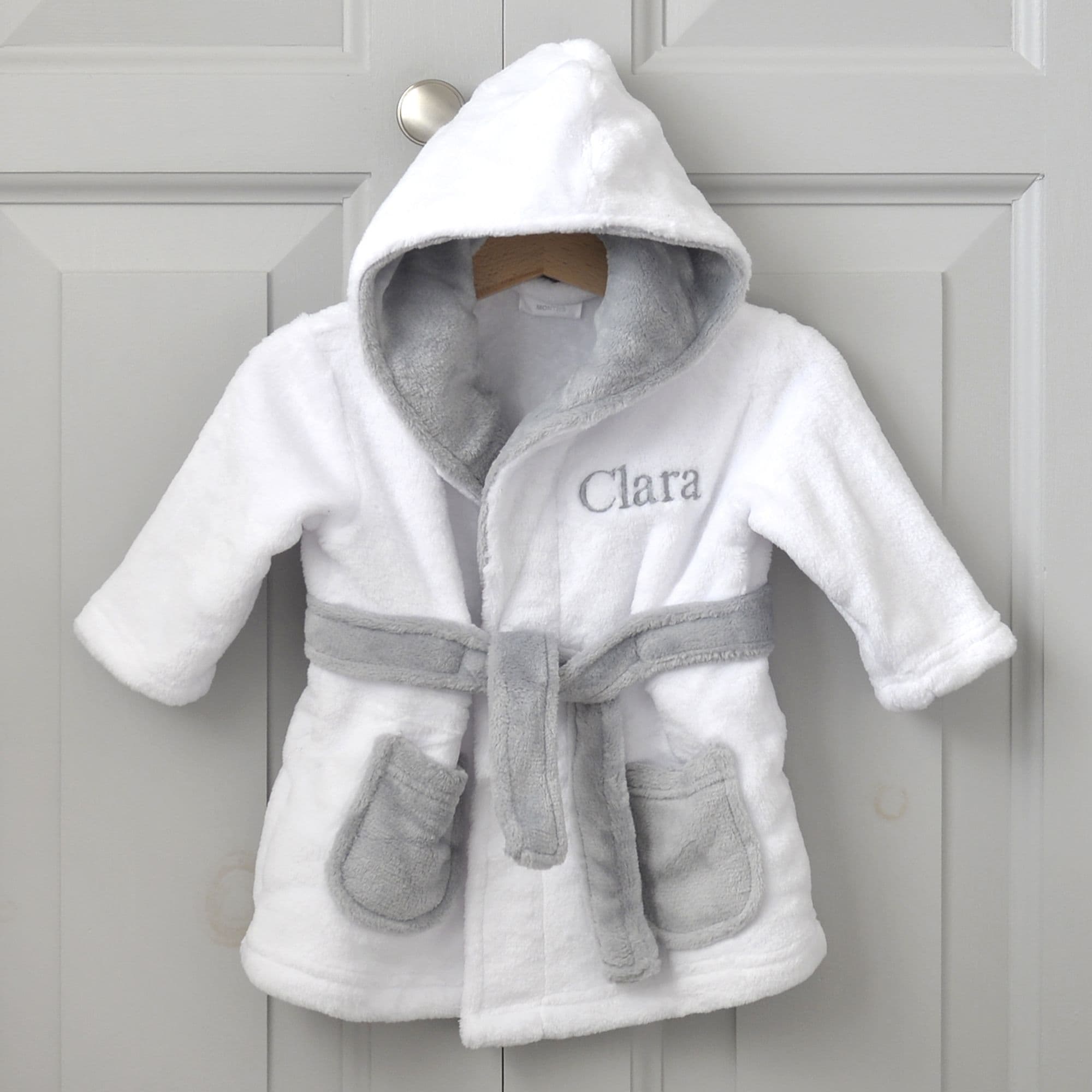 Personalised White And Grey Baby Dressing Gown