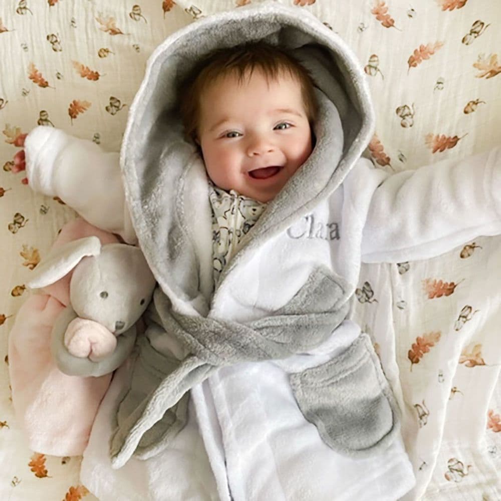 Personalised White And Grey Baby Dressing Gown