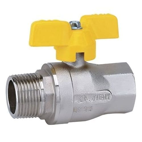 Brass Ball Valve  BSI Gas Approved  Male x Female  Yellow Butterfly Handle