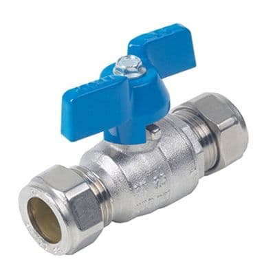 Brass Ball Valve  Compression Ends  Blue Butterfly Handle