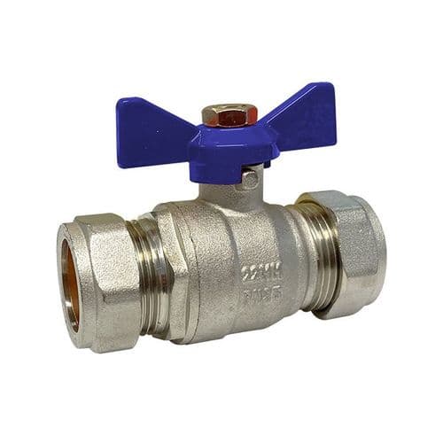 Brass Ball Valve  Compression Ends  Blue Butterfly Handle  WRAS Approved