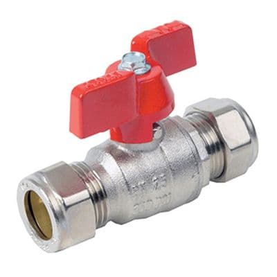 Brass Ball Valve  Compression Ends  Red Butterfly Handle