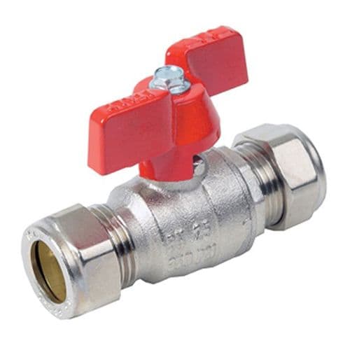 Brass Ball Valve  Compression Ends  Red Butterfly Handle