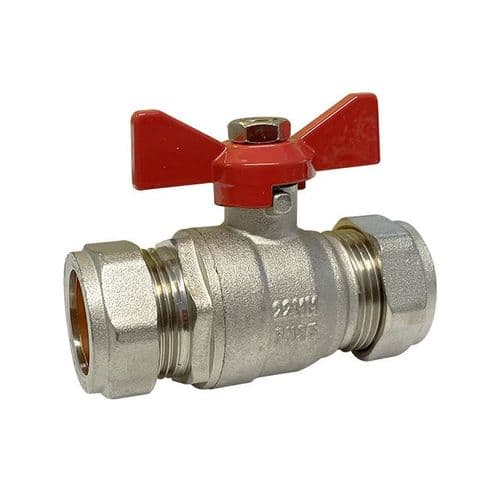 Brass Ball Valve  Compression Ends  Red Butterfly Handle  WRAS Approved