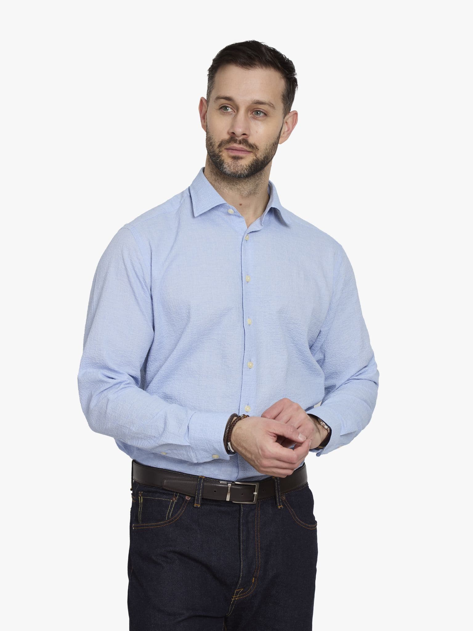Side view of Blue Seersucker Shirt - 15
