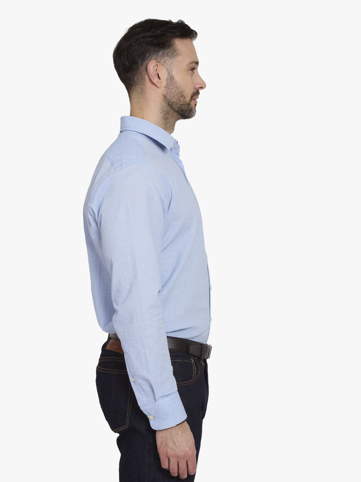 Side view of Blue Seersucker Shirt - 15