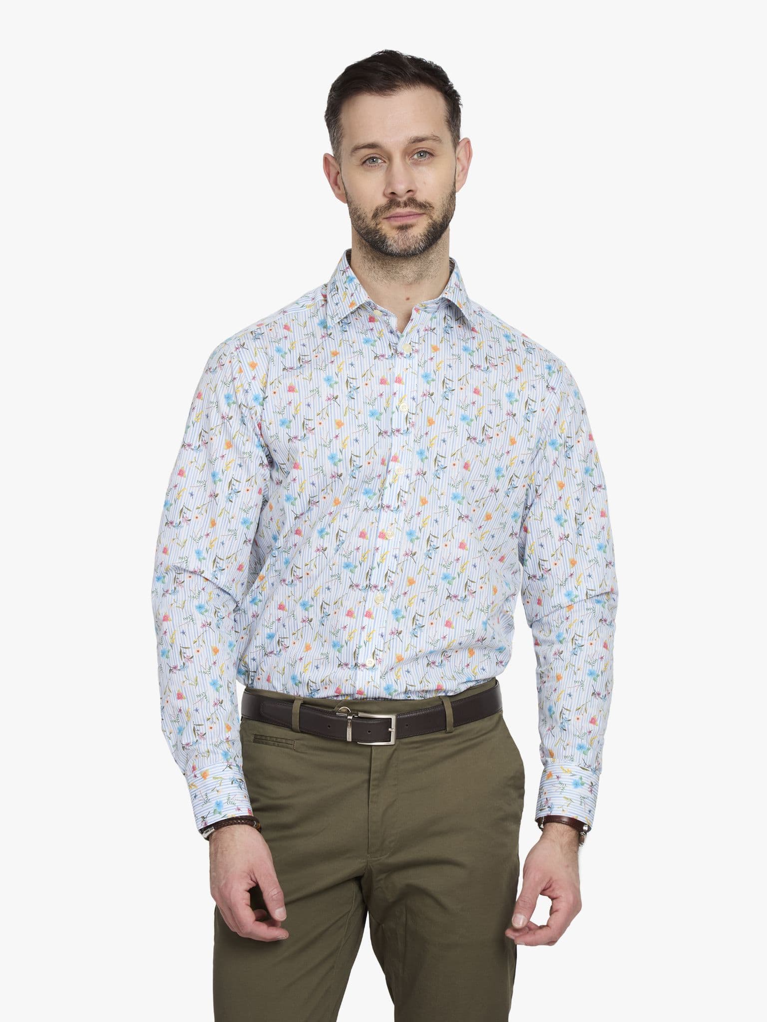 Side view of Painted Floral Stripe Shirt - 16.5