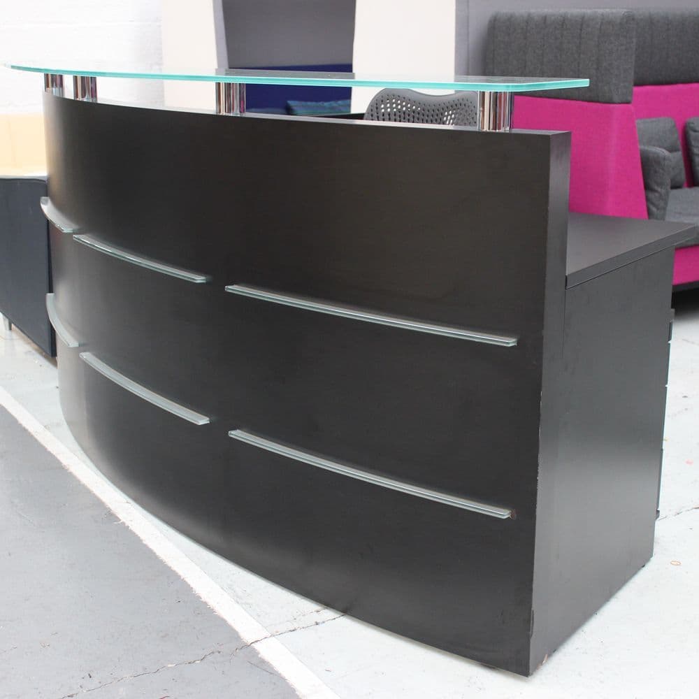 Black Reception Desk with Return and Glass Sign in Area Waiting Area