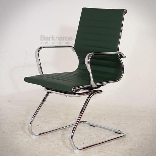 Ribbed Green Leather Cantilever Meeting Chair