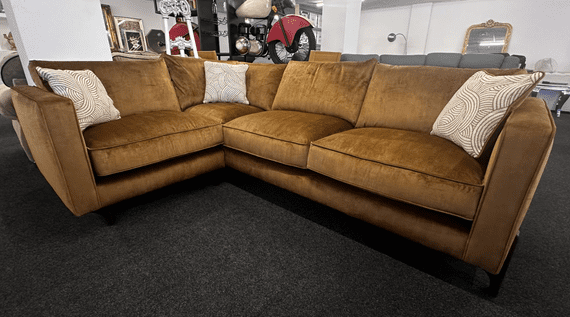 Mustard Designer Corner Sofa – Soft Fabric, Mid-Century Style, 270cm x 187cm