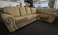 Oxford Corner Sofa – Caramel Plush Fabric, Chrome Feet, 300cm x 200cm