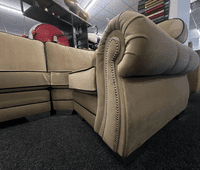 Oxford Corner Sofa – Caramel Plush Fabric, Chrome Feet, 300cm x 200cm