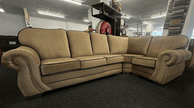 Oxford Corner Sofa – Caramel Plush Fabric, Chrome Feet, 300cm x 200cm
