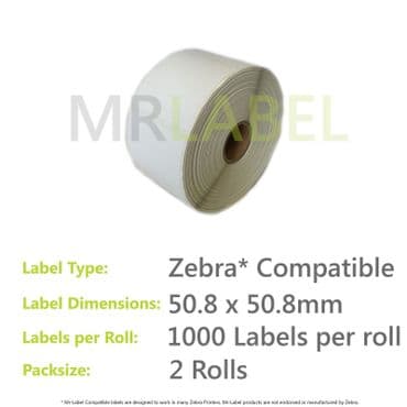 2000x Zebra Compatible Thermal Labels (2 Rolls of 1000) 50.8x50.8mm