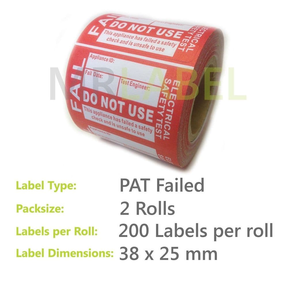 400x PAT Test Labels FAILED Self Adhesive 2 Rolls Portable Appliance ...