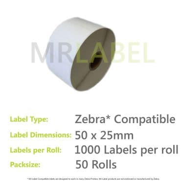 50000x Zebra Compatible Thermal Labels (50 Rolls of 1000) 50x25mm