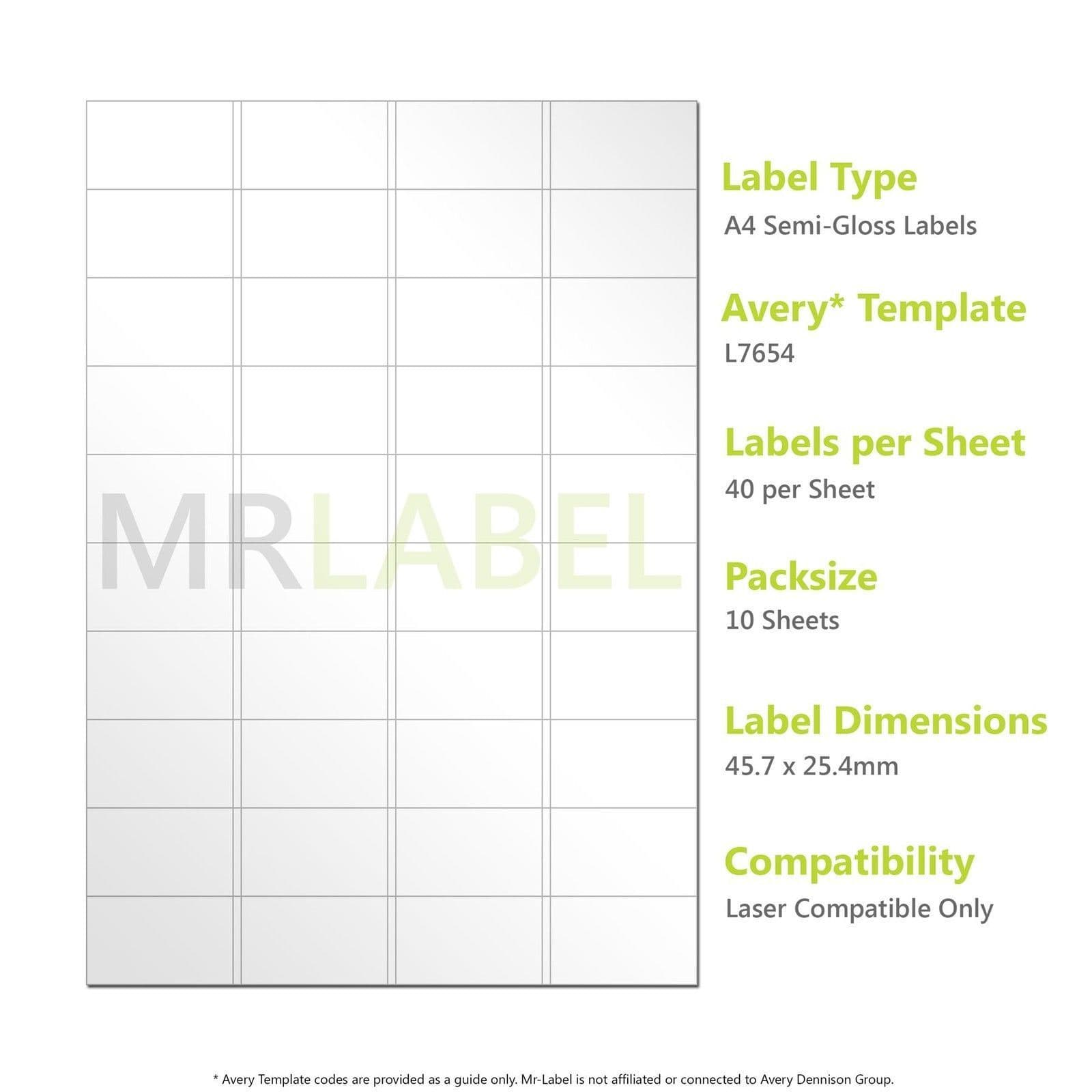 A4 Semi-Gloss Labels - 40 Per Sheet - 10 Sheets - Laser Compatible L7654