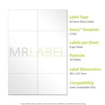 A4 Semi-Gloss Labels - 8 Per Sheet - 10 Sheets - Laser Compatible L7165