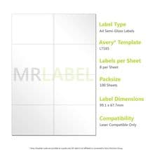 A4 Semi-Gloss Labels - 8 Per Sheet - 100 Sheets - Laser Compatible L7165