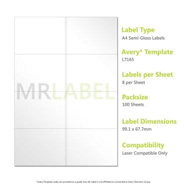 A4 Semi-Gloss Labels - 8 Per Sheet - 100 Sheets - Laser Compatible L7165