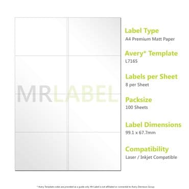 Compatible A4 Self Adhesive Labels L7165 J8165 8 Labels / page 100 Sheets