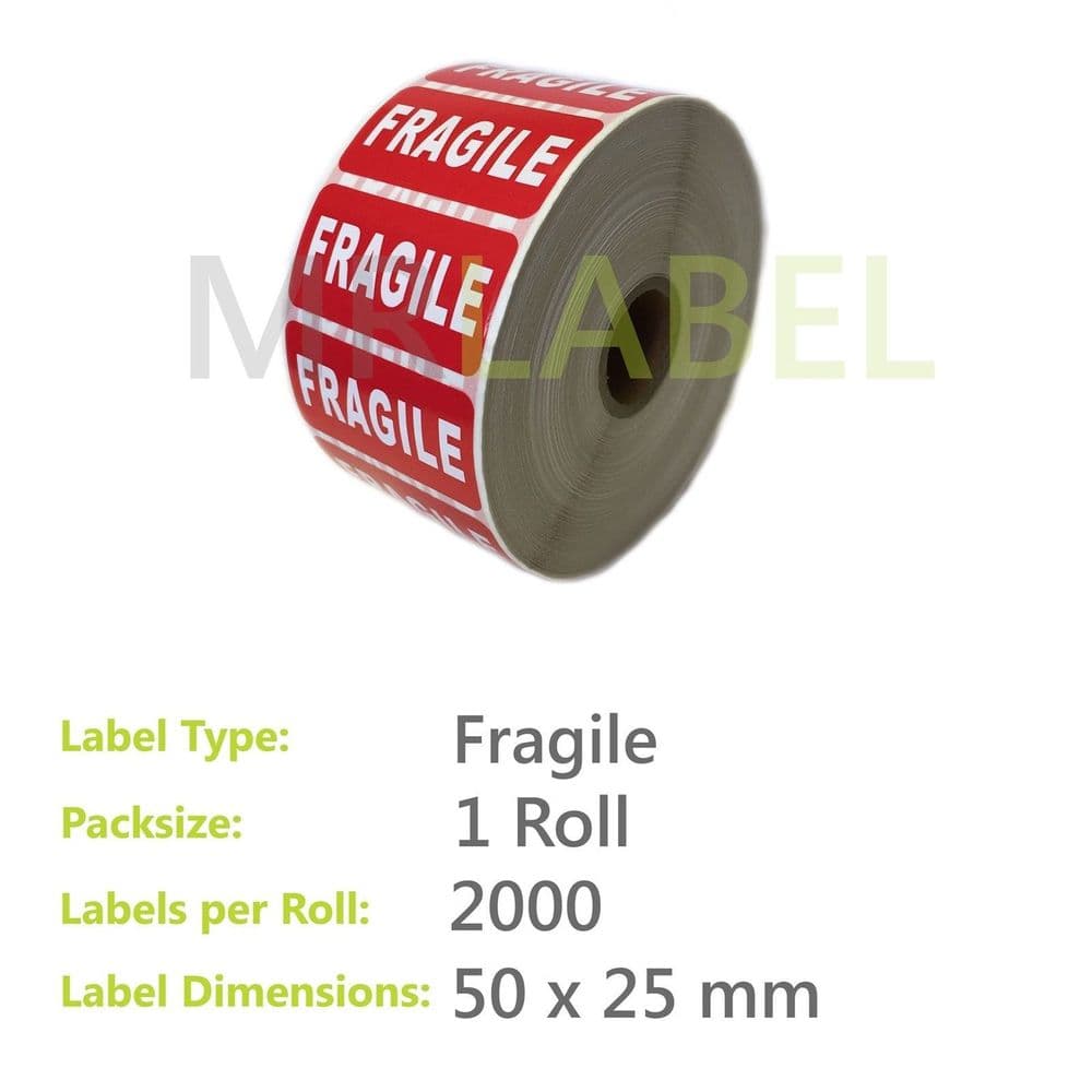 Fragile Parcel Labels - Small - 50 x 25mm - 2000 Labels per Roll