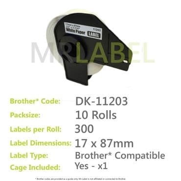 Pack of 10 Brother Compatible Labels DK-11203 with 1x Re-useable Cartridge