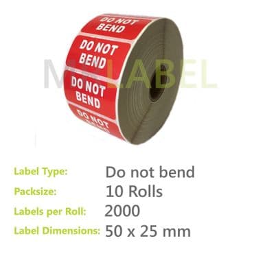 Pack of 10 Do Not Bend Parcel Labels - Small - 50 x 25mm - 2000 Labels per Roll