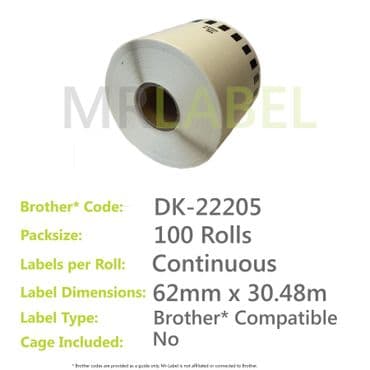Pack of 100 Brother Compatible Labels DK-22205