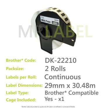 Pack of 2 Brother Compatible Labels DK-22210 with 1x Re-useable Cartridge