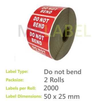 Pack of 2 Do Not Bend Parcel Labels - Small - 50 x 25mm - 2000 Labels per Roll