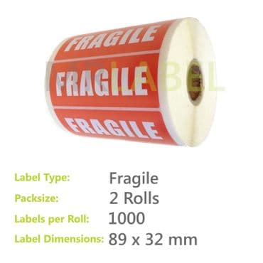 Pack of 2 Fragile Parcel Labels - Medium - 89 x 32mm - 1000 Labels per Roll