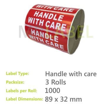 Pack of 3 Handle With Care Parcel Labels - Medium - 89 x 32mm - 1000 per Roll