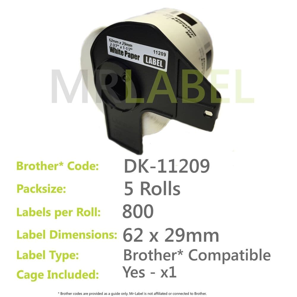 Pack of 5 Brother Compatible Labels DK-11209 with 1x Re-useable Cartridge