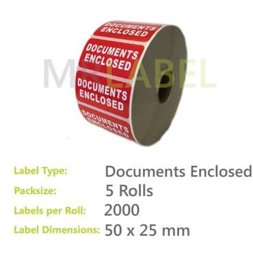 Pack of 5 Documents Enclosed Parcel Labels - Small - 50 x 25mm - 2000 per Roll