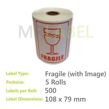 Pack of 5 Fragile Parcel Labels - Large Image - 108 x 79mm - 500 Labels per Roll