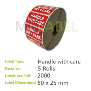 Pack of 5 Handle With Care Parcel Labels - Small - 50 x 25mm - 2000 per Roll